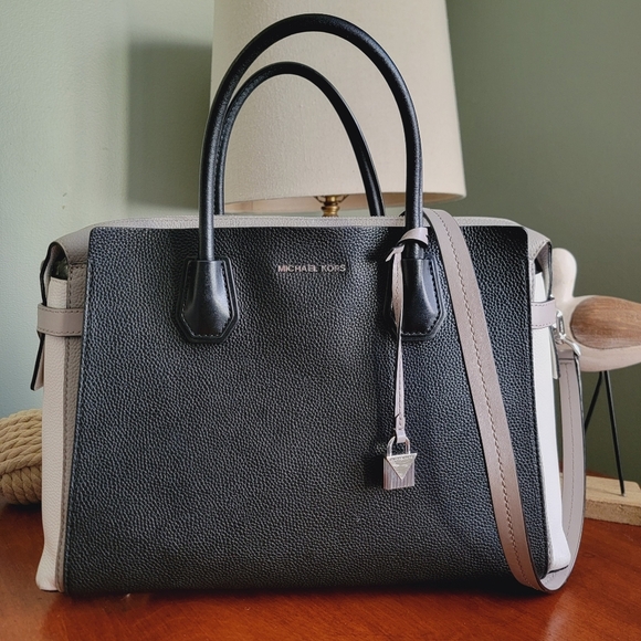 Michael Kors Mercer Large Colorblock Belted Satchel in Black White & Gray - Picture 1 of 15